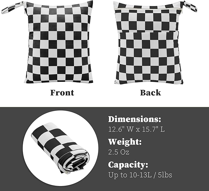 Black Checkered Waterproof Wet Dy Diaper Bag for Baby Essentials, Travel, Swimsuit, Beach Bag Accessories, Aesthetic Trendy Cute Toddler Baby Cloth Bag Pouch, Pack of 2