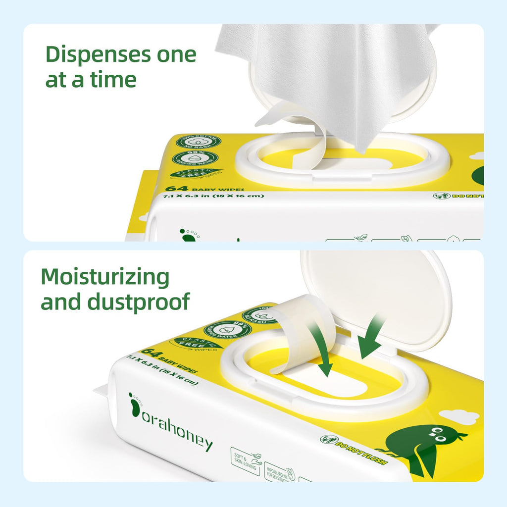 Dorahoney 100% USA Cotton Baby Wipes for Sensitive Skin, 99% Purified Water Unscented Wet Wipes, Hypoallergenic & Plastic-Free, 768 Count (12 Flip-Top Packs of 64)