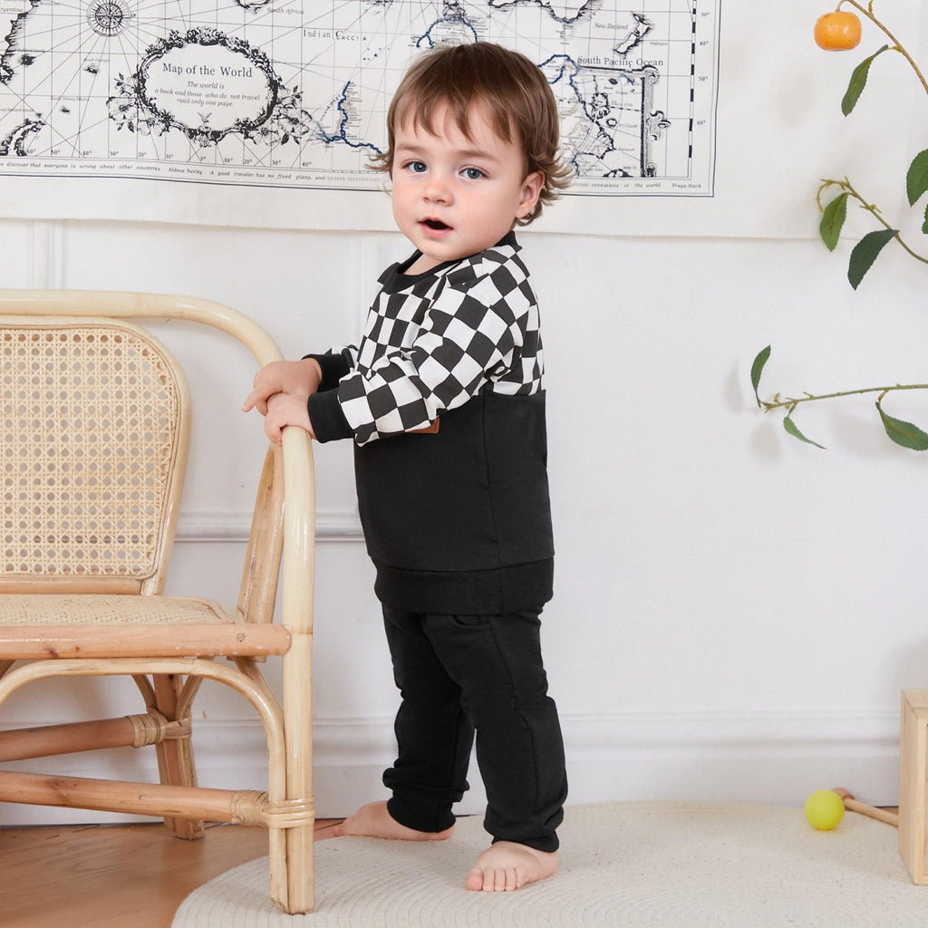 Lucikamy Toddler Baby Boy Fall Outfits Long Sleeve Crew Neck Pullover Sweatshirt + Jogger Pants Set Infant Winter Clothes (C-Black White, 3-4 Years)