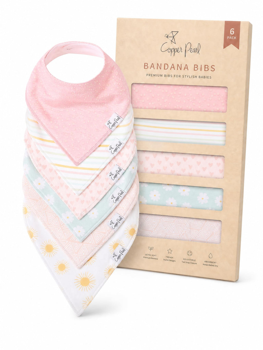 Copper Pearl Baby Bibs for Baby Boy or Girl – Bandana Drool Bibs for Teething, Absorbent Bibs for Eating, Newborn to Toddler, 6 Pack, Sunny