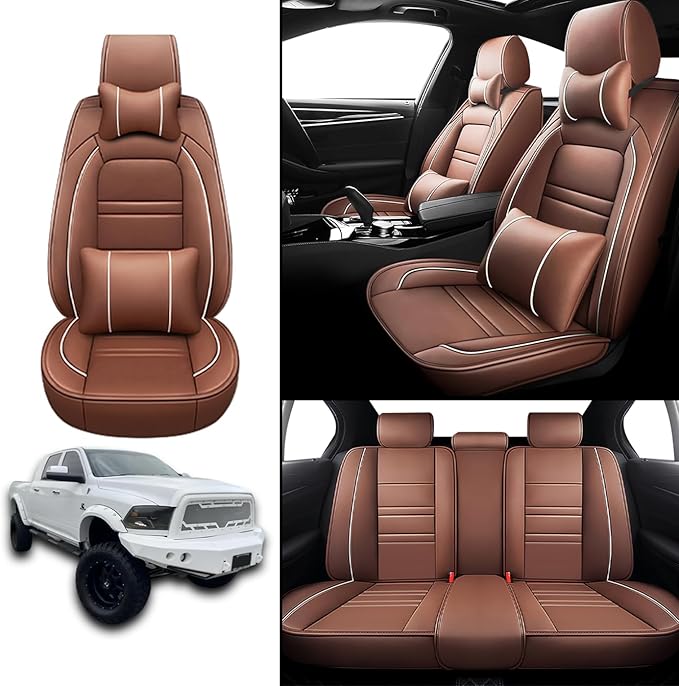 Car Seat Covers for Dodge ram 2500 2004-2011 | 5-Seats Seat Covers, Waterproof Seat Protectors, Automotive Seat Covers (Full Set with Pillow,Coffee)