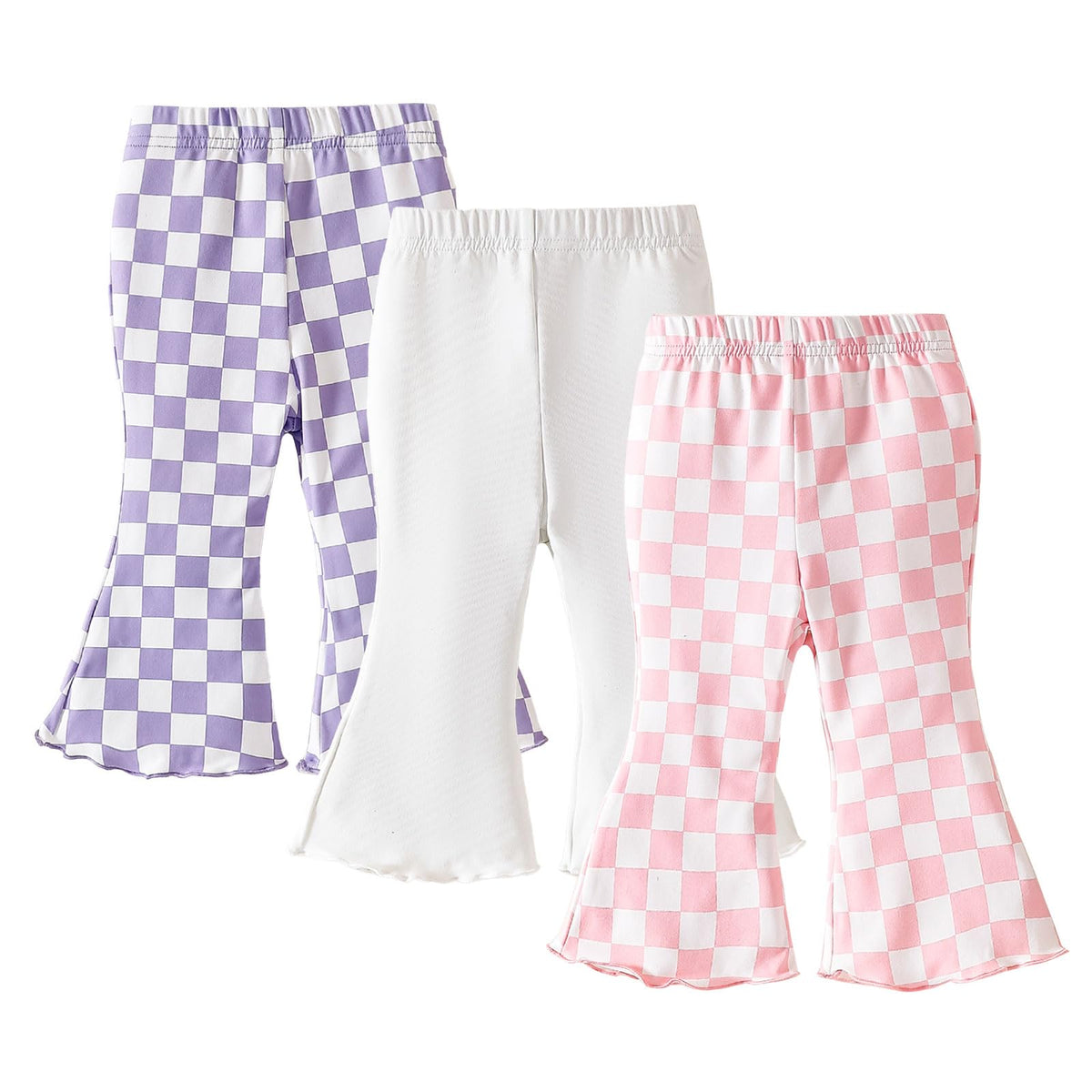 SOBOWO Checkered Baby Girl Flare Pants 3 Pack Toddler Bell Bottoms Plaid Ruffle Leggings Pants Fall Winter Outfits Size 6M-4T(12-18 Months, Black&White Plaid/Black/Black&Pink Plaid)