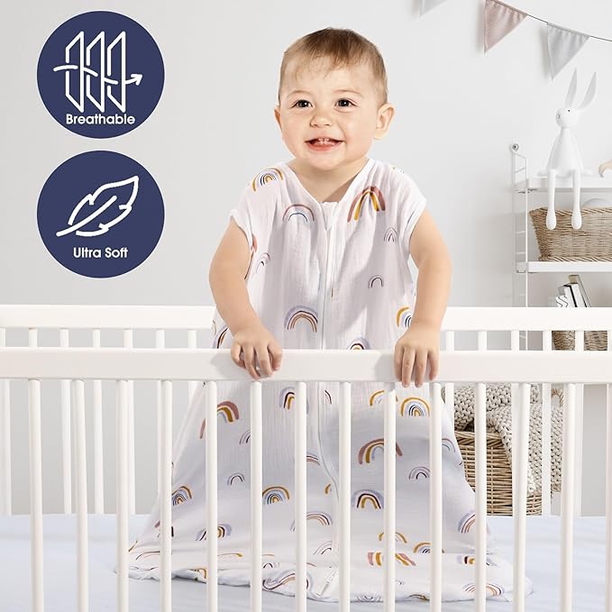 2 Pack Baby Sleep Sack 18-24 Months 100% Organic Cotton Muslin Baby Sleeping Bag 2-Way Zipper Wearable Blankets (Rainbow & Leaf, X-Large)