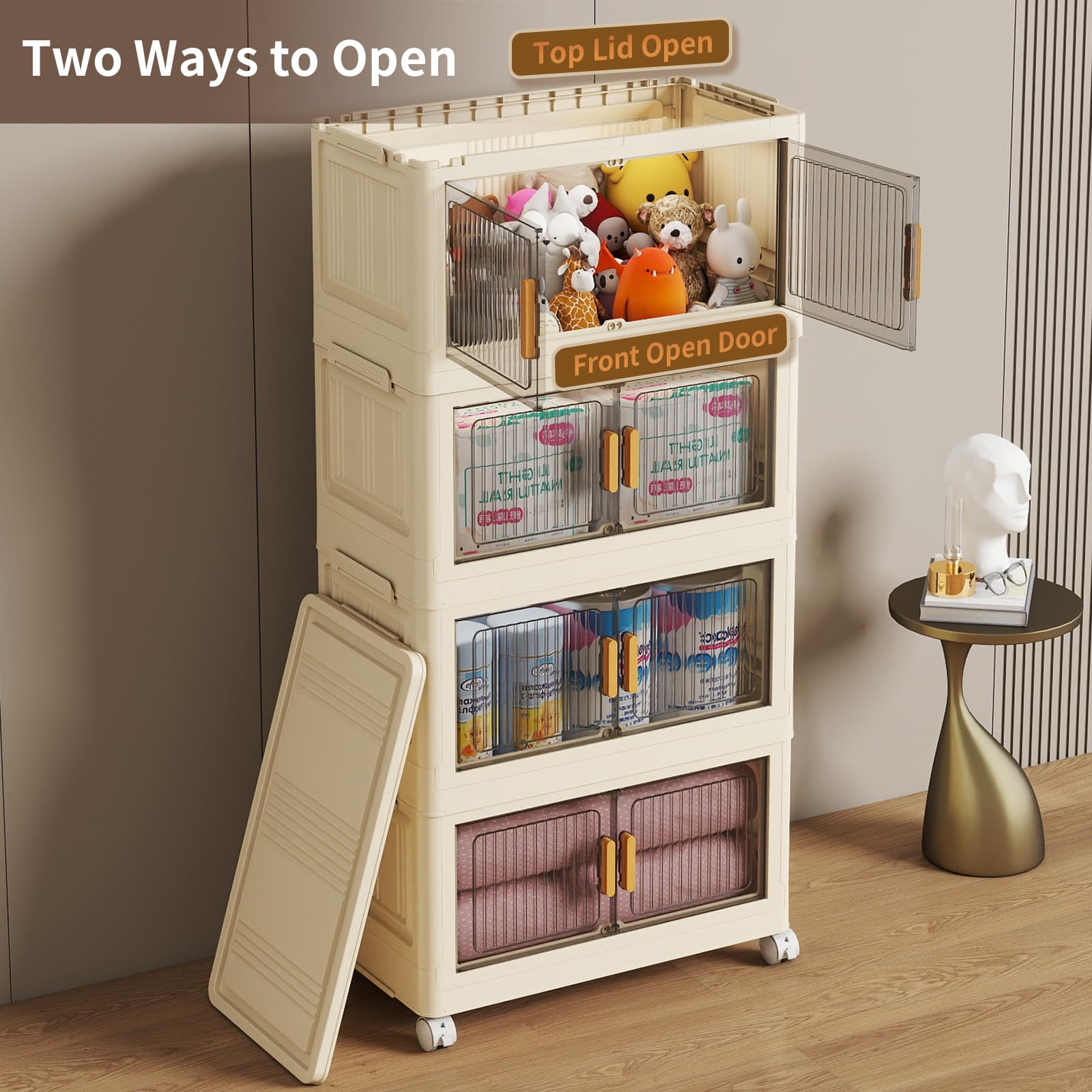 4 Tier Stackable Plastic Storage Bins with Lids 48QT, Collapsible Closet Organizers and Storage with Wheels for Living Room,Office,Dorm