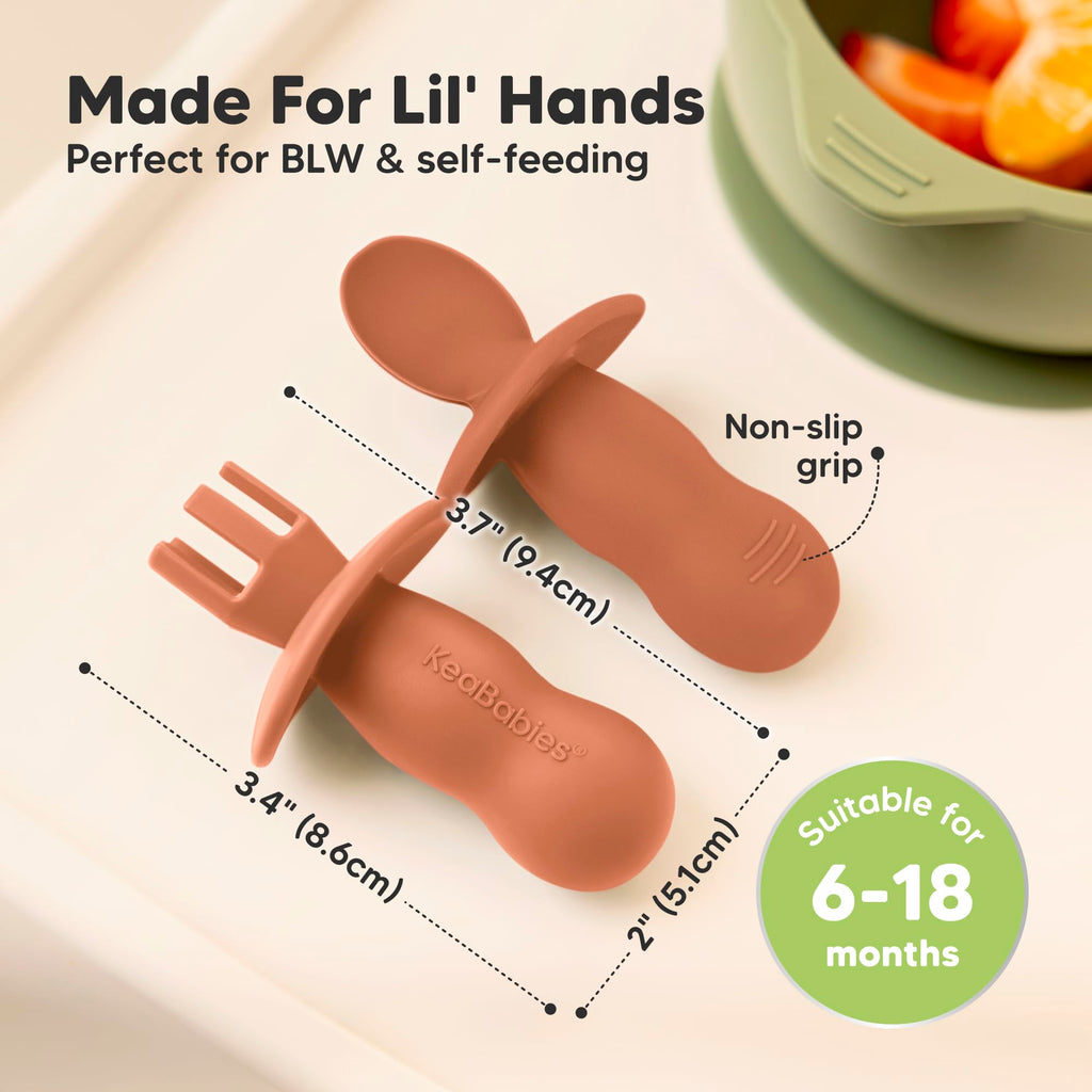 KeaBabies 4-Pack Silicone Baby Spoons and Forks Set BPA-Free (Terracotta)