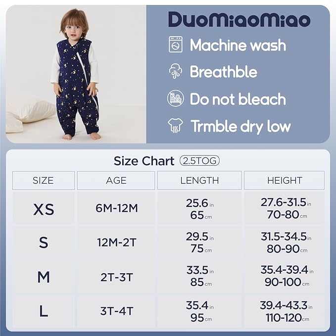 Duomiaomiao 2.5 TOG Toddler Sleep Sack 6-12 Months 100% Cotton Winter Side Open Zipper Baby Sleep Sack with Feet, Warm Toddler Wearable Blanket