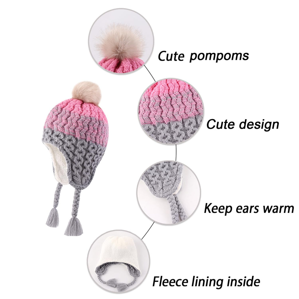 LANGZHEN Infant Pom Pom Beanie Kid Winter Hats Toddler Cap Knit Warm Beanies Caps for Baby Boys Girls(Gradient- Pink+Grey,12-24 Months)