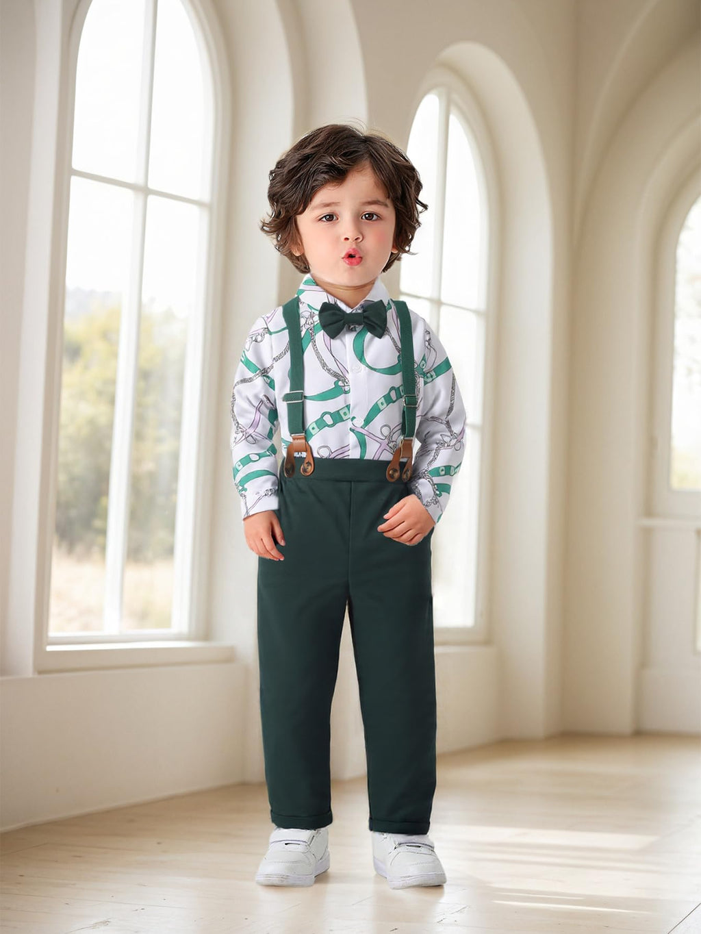 Boarnseorl Baby Boys Pants Sets, Infant Long Sleeve Shirt + Pants + Bow Tie + Suspenders Outfits Clothing,18-24M