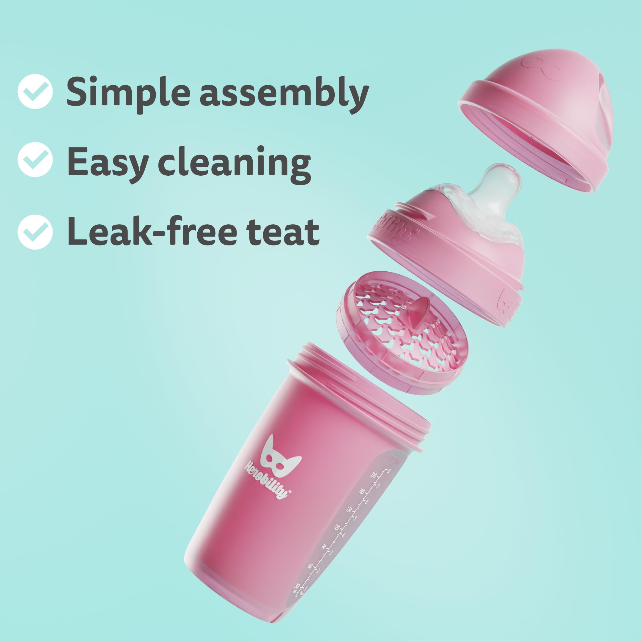 Herobility Anti-Colic Baby Bottles 12 fl oz/340ml - Pack of 4 Plastic Baby Bottles, Fast Flow Plastic Bottles, Breast-Shaped Teat for Breastfed Babies - Multicolor - Sand, Woodchuck, Pink, White