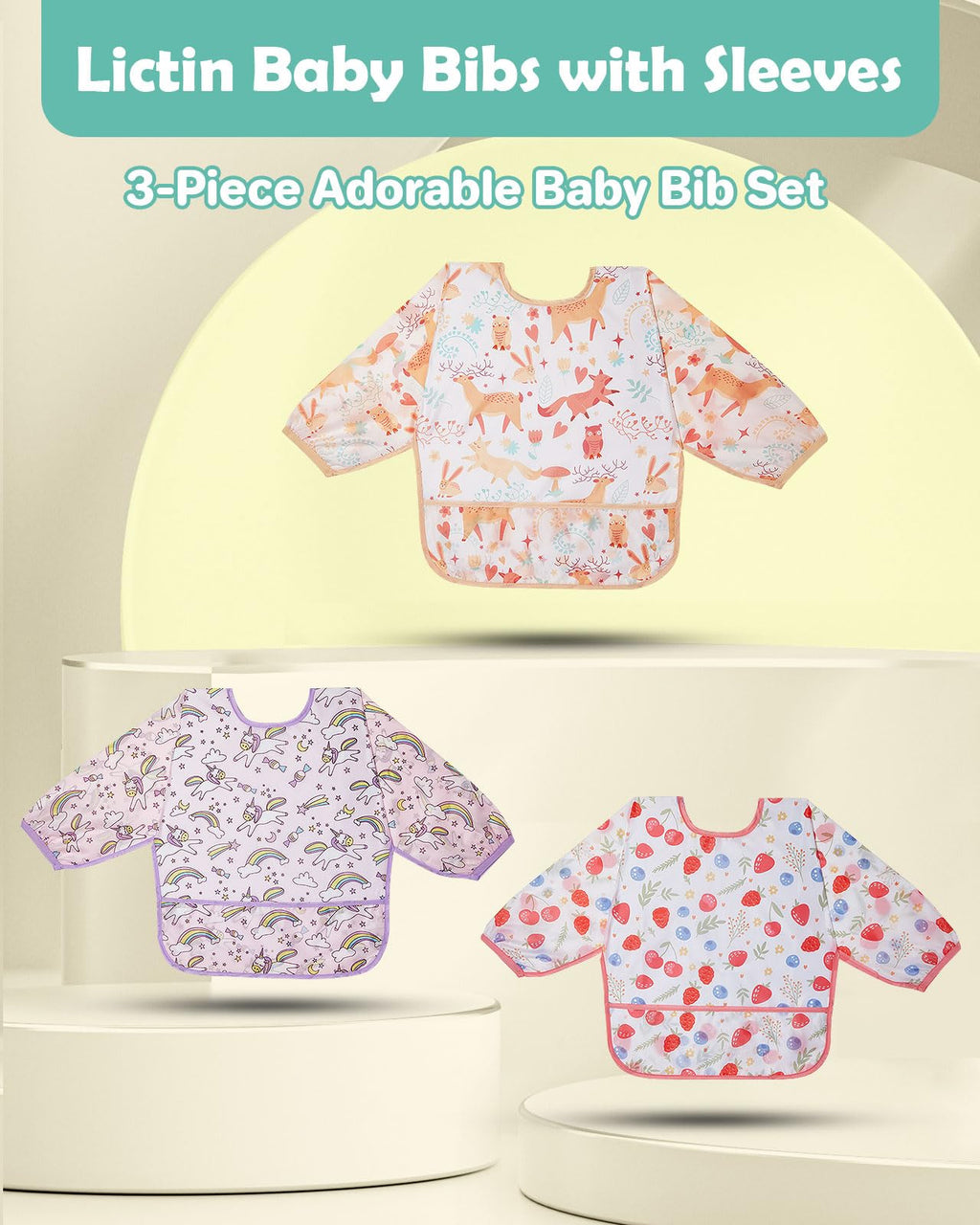 Lictin 3 Pack Baby Bibs for Boy or Girl, Cute Long Sleeve Bib, Waterproof Bibs for Toddlers,Adjustable Closure Baby Smock, Mess Proof Baby Bib, 6-24 Months Reusable Infant Baby Bibs