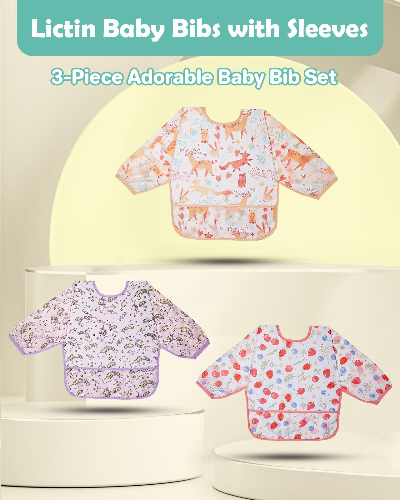 Lictin 3 Pack Baby Bibs for Boy or Girl, Cute Long Sleeve Bib, Waterproof Bibs for Toddlers,Adjustable Closure Baby Smock, Mess Proof Baby Bib, 6-24 Months Reusable Infant Baby Bibs