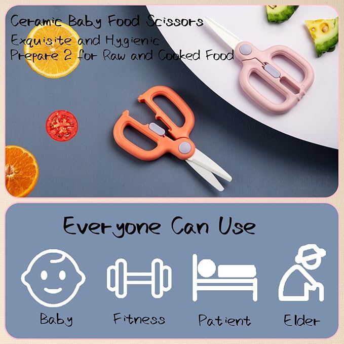 Baby Food Scissors with Travel Case, Ceramic Food Scissors Kids, Toddler Scissor with Safety Lock, Ideal for Pizza, Meats, Noodles, Vegetables, and Fruits (A)