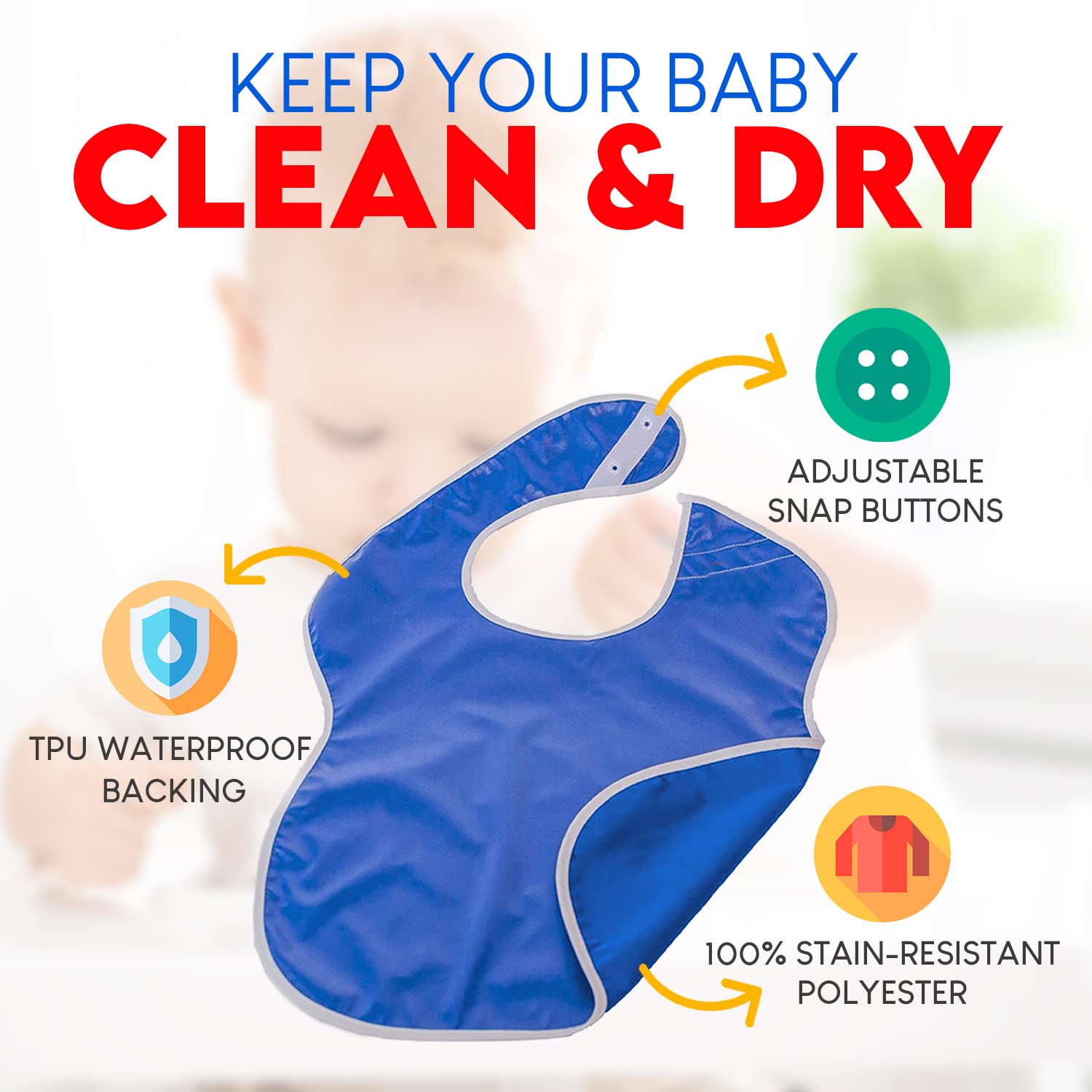 Toppy Toddler - 4 pcs Navy Blue Large Waterproof Baby Bibs for 1-4 years old – Lightweight, Soft & Durable Fabric Bibs with Snap Buttons for Girls and Boys, Dryer safe and Easy to Clean