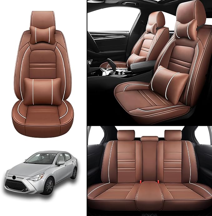 Car Seat Covers for Toyota Yaris 2007-2020 | 5-Seats Seat Covers, Waterproof Seat Protectors, Automotive Seat Covers (Full Set with Pillow,Coffee)