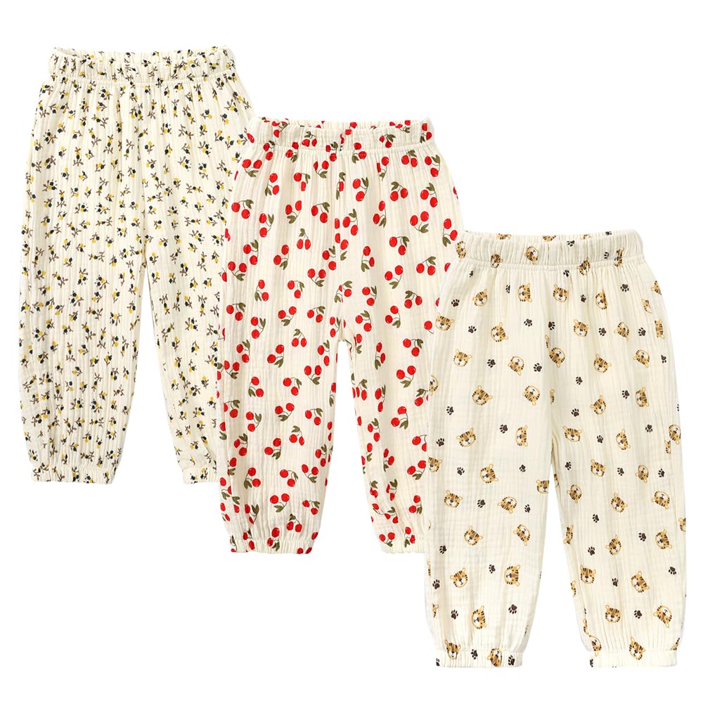 MYGBCPJS Baby Boys Girls 3 Pack Cotton Linen Long Bloomers Ankle Length Trousers Kids Lightweight Elastic Waist Harem Pants