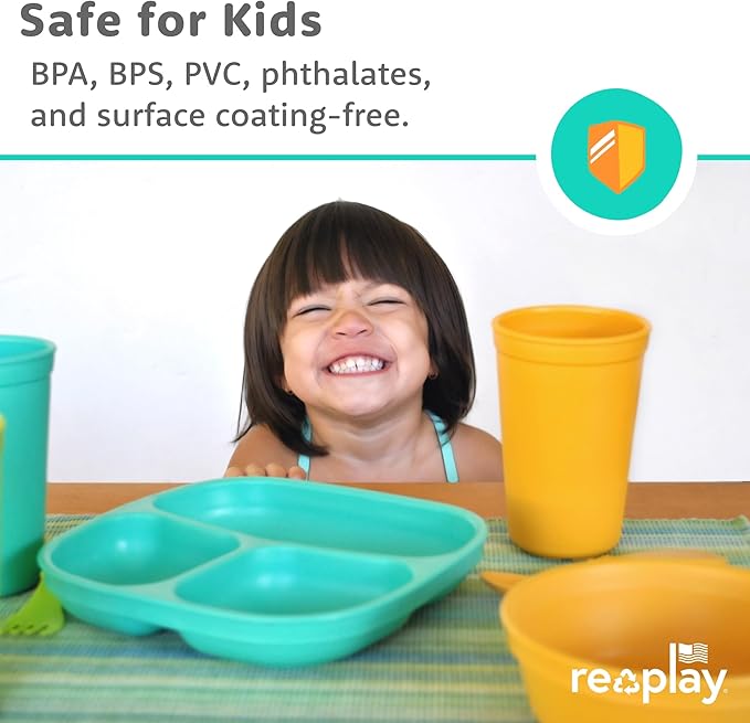 Re-Play Toddler Plates with Dividers - Deep-Walled 3 Compartments Divided Plates for Kids - Dishwasher & Microwave Safe - Made in USA - Set of 3-7.37" x 7.37" x 1.25" - Cool Blue