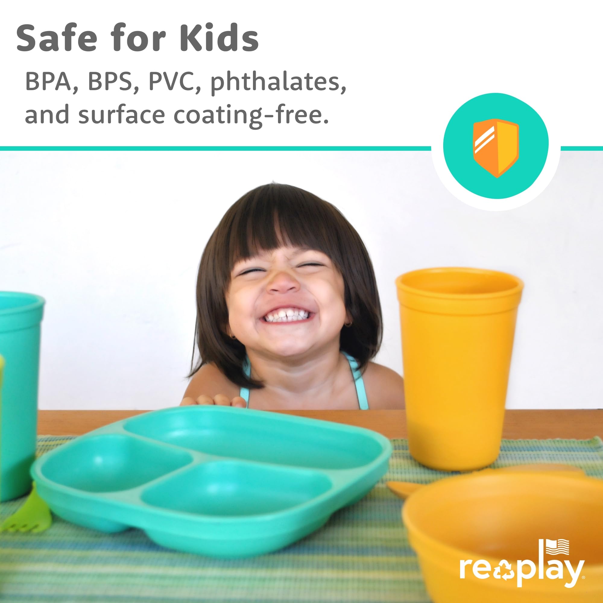 Re-Play Divided Toddler Plates Set of 4 - Deep-Walled 3 Compartment Kids Plates for Picky Eaters - Dishwasher & Microwave Safe - BPA-Free - Made in USA, Denim