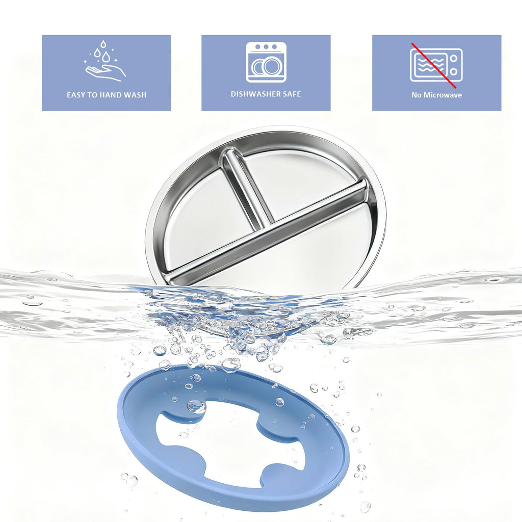 Bakpoco Stainless Steel Suction Plates for Toddlers, 9" Divided Kids Baby Plates with Removable Silicone Suction, Non Toxic Non Slip Portion Control Snack Dishes 4 Packs, Blue Gray Navy Sage