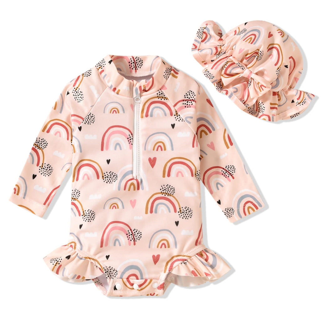 0-3 Months Newborn Infant Baby Girls One Piece Long Sleeve Swimsuit Rainbow Bathing Suit Zip Up Swimwear Beach Wear