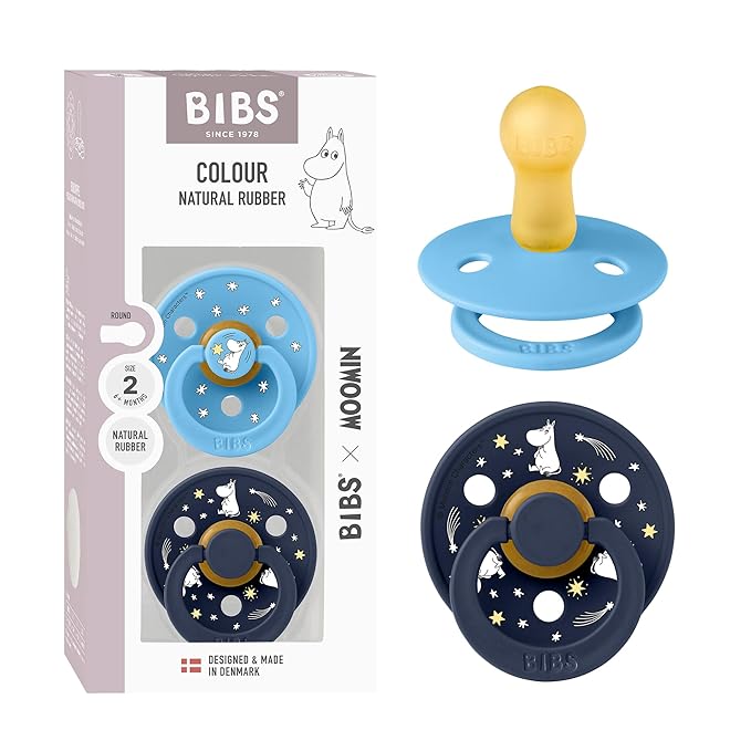 BIBS Colour Moomins Pacifier 2-Pack, BPA Free Pacifier, Round Nipple. Natural Rubber Latex, Made in Denmark, Size 2 (6-18 Months), Breeze/Deep Space