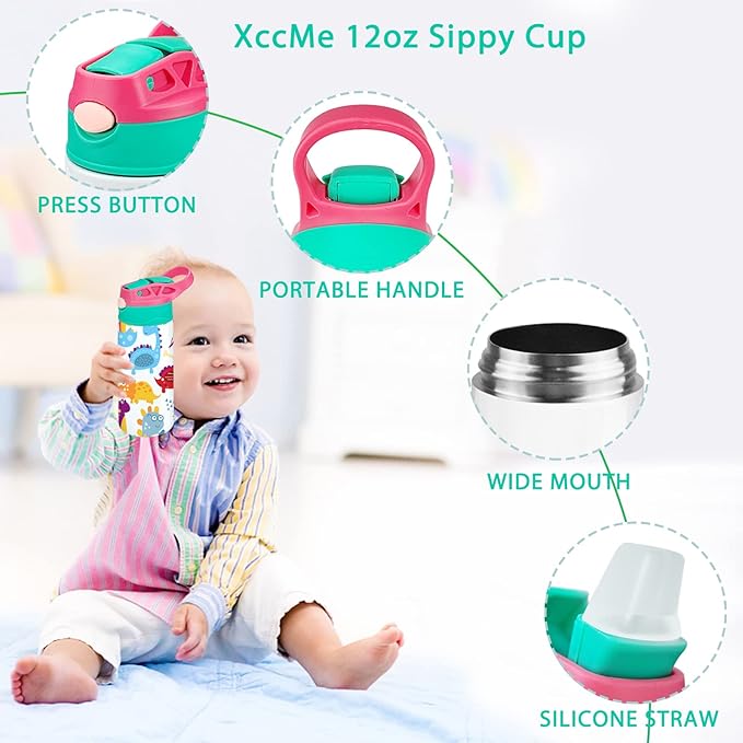 Kids Sublimation Tumbler,12oz Sublimation Water Bottle Blanks,Straight Stainless Steel Todder Sippy Cup,Double Wall Insulated Sippy Tumbler with Handle,Shrink Films,Leak Proof(RoseGreen)