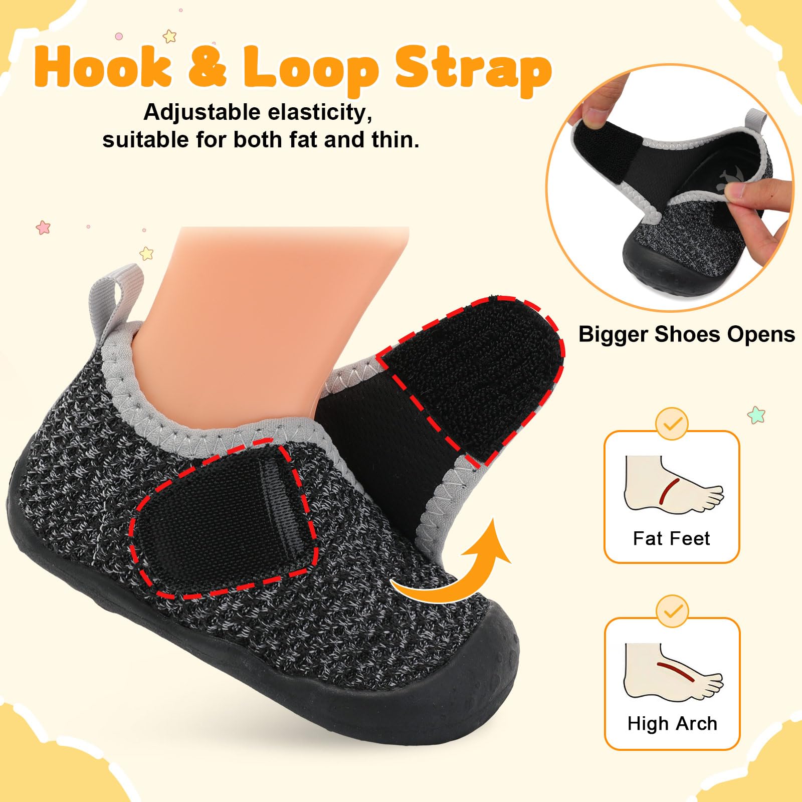 FEETCITY Wide Baby Walking Shoes Barefoot Infant Shoes Baby Sneakers Newborn Crib Shoe Flexible Lightweight Black Grey