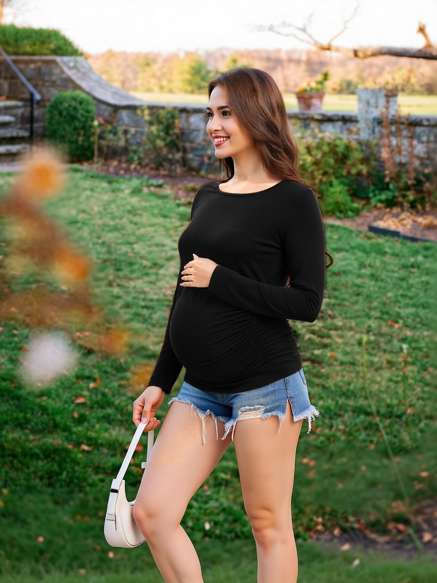 MIRAZEN 2 Pack Maternity Shirts Long Sleeve Crew Neck, Black/White, L
