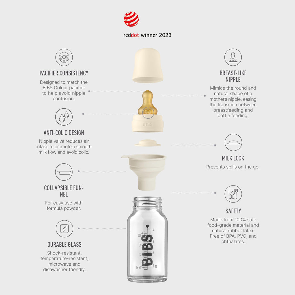 BIBS Baby Glass Bottle Complete Set 110 ml | BPA Free Natural Rubber | Made in Denmark | Sage