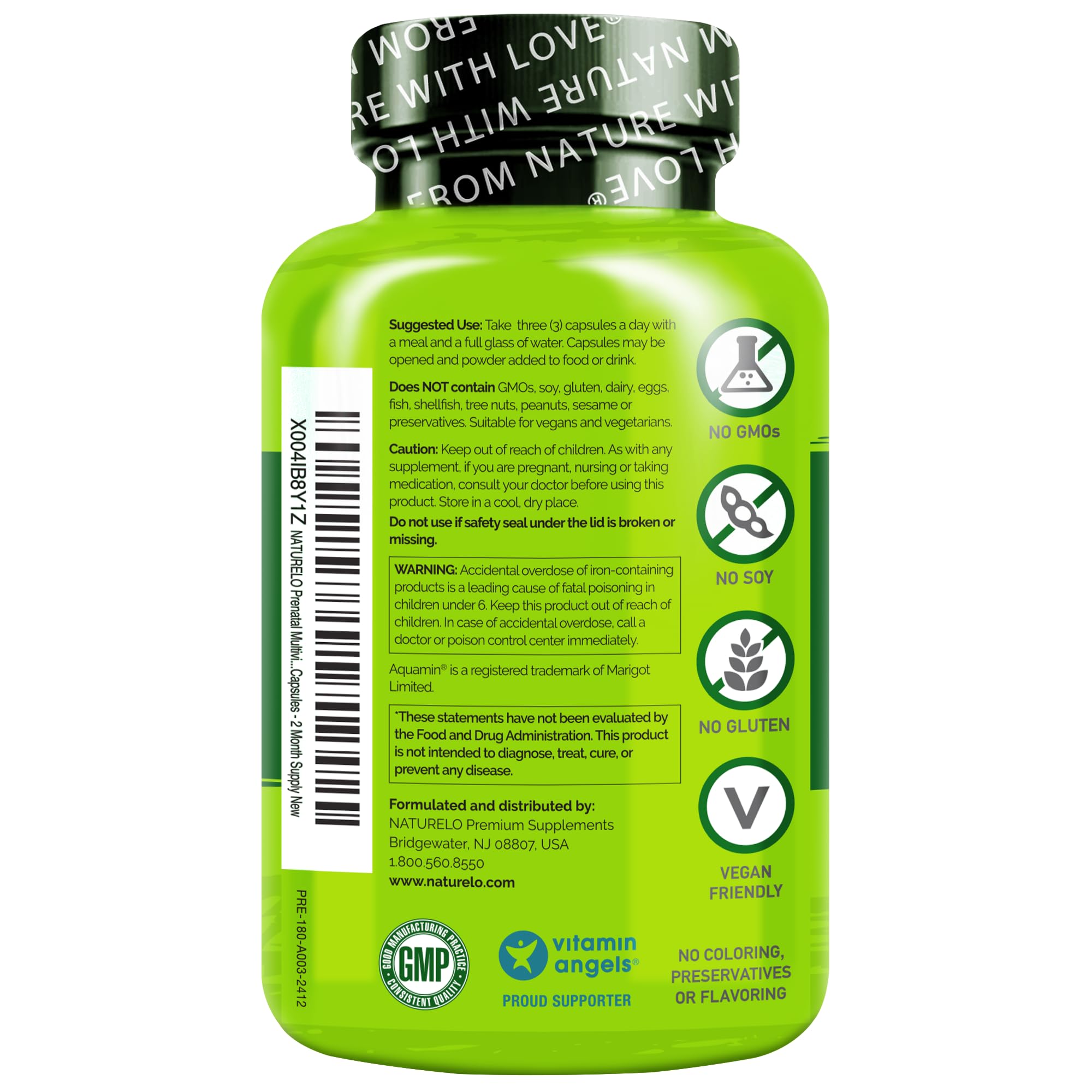 NATURELO Prenatal Multivitamin with Choline & Folate, 180 Capsules