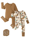 PATPAT 2-Pack Bamboo Viscose Baby Footie, with Anti-Slip Grips Brown Dog Newborn