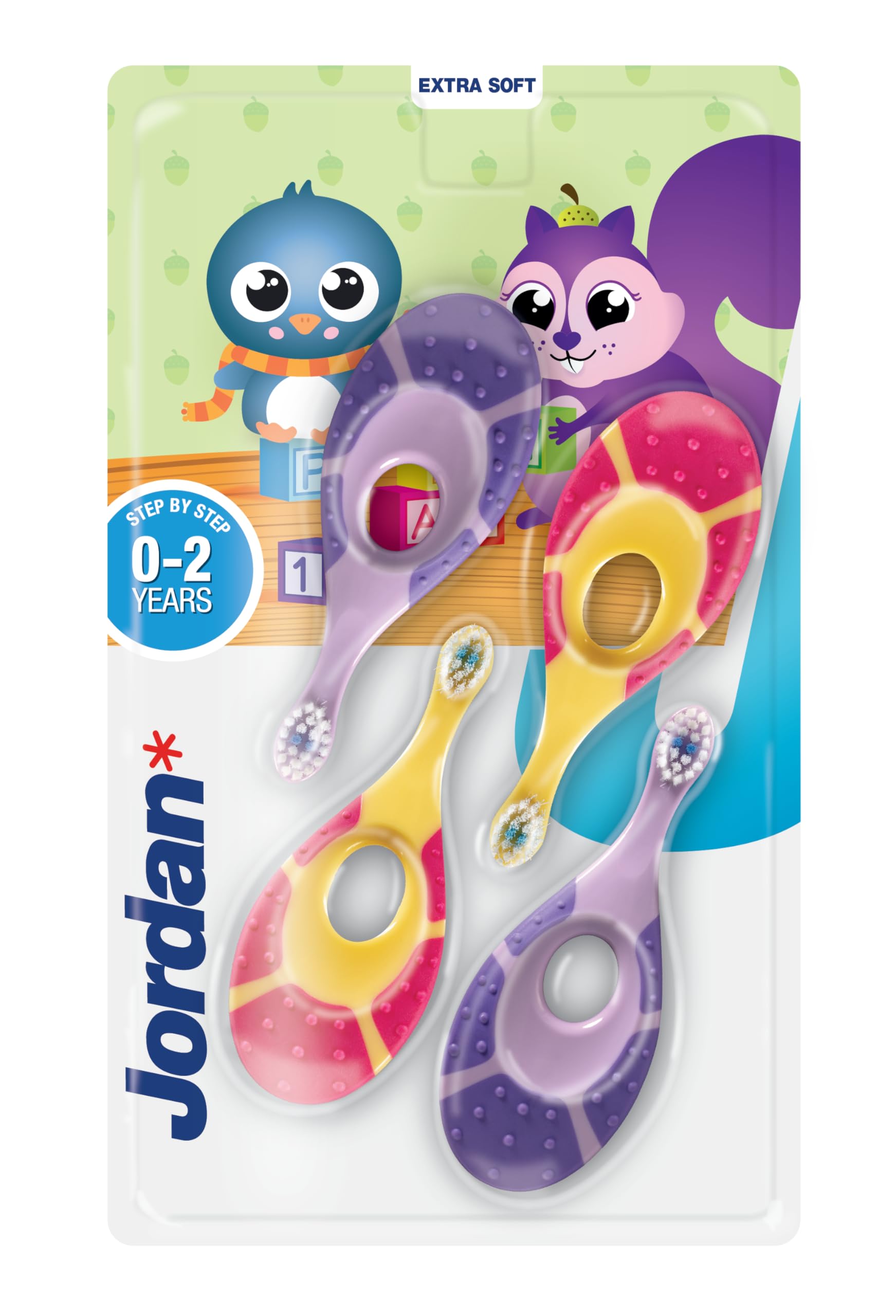 Jordan* ® | Step 1 Baby Toothbrush | 0-2 Years, Soft Bristles, BPA Free | Pink & Purple | 4 Pack | Manual
