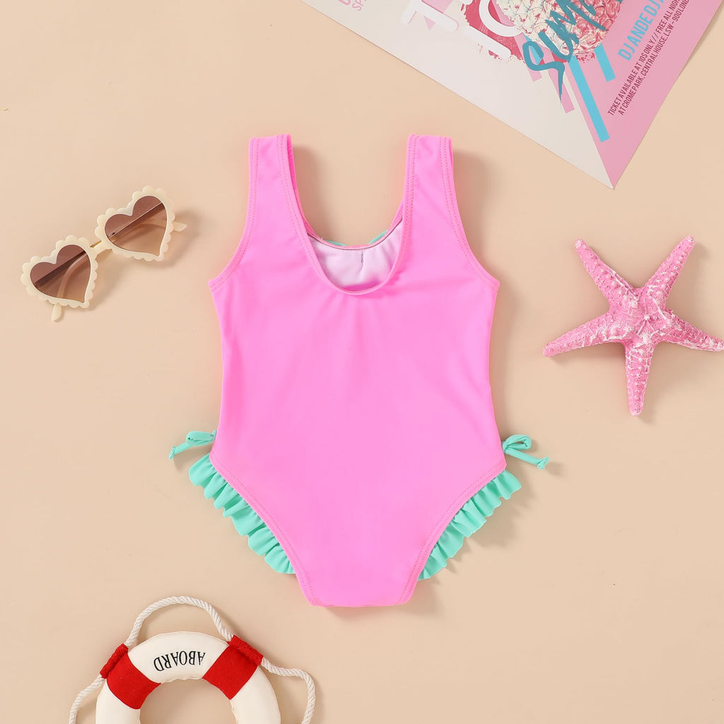 YOUNGER TREE Toddler Swimsuit Girl Cute Stripe One-Piece Ruffle Swimwear Baby Girl Bathing Suits with Bow(18-24 Months,Pink and Green Bow)