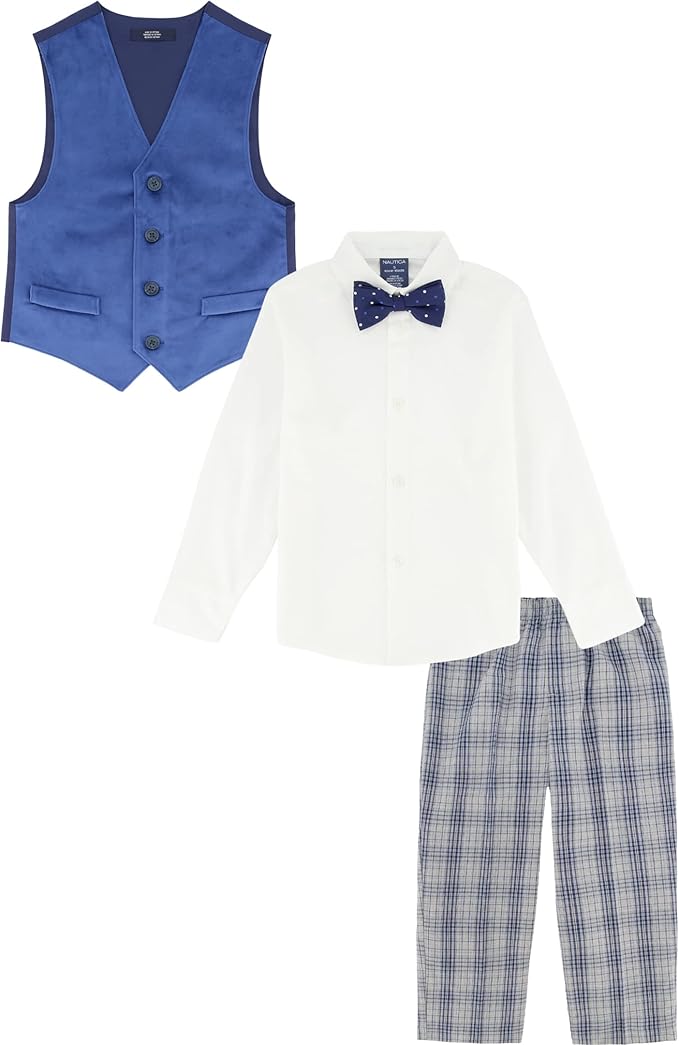 Nautica Boys' 4-Piece Formal Suit Set with Vest, Pants, Collared Dress Shirt, and Tie
