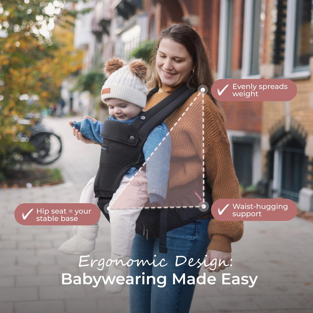 Momcozy Baby Carrier with Hip Seat, 2-in-1 Forward-Facing Carry for Long Walks, Detachable Hands-Free Infant Carrier up to 44lbs, All Seasons Toddler Carrier Fits Waist Sizes up to 45 Inches, Black