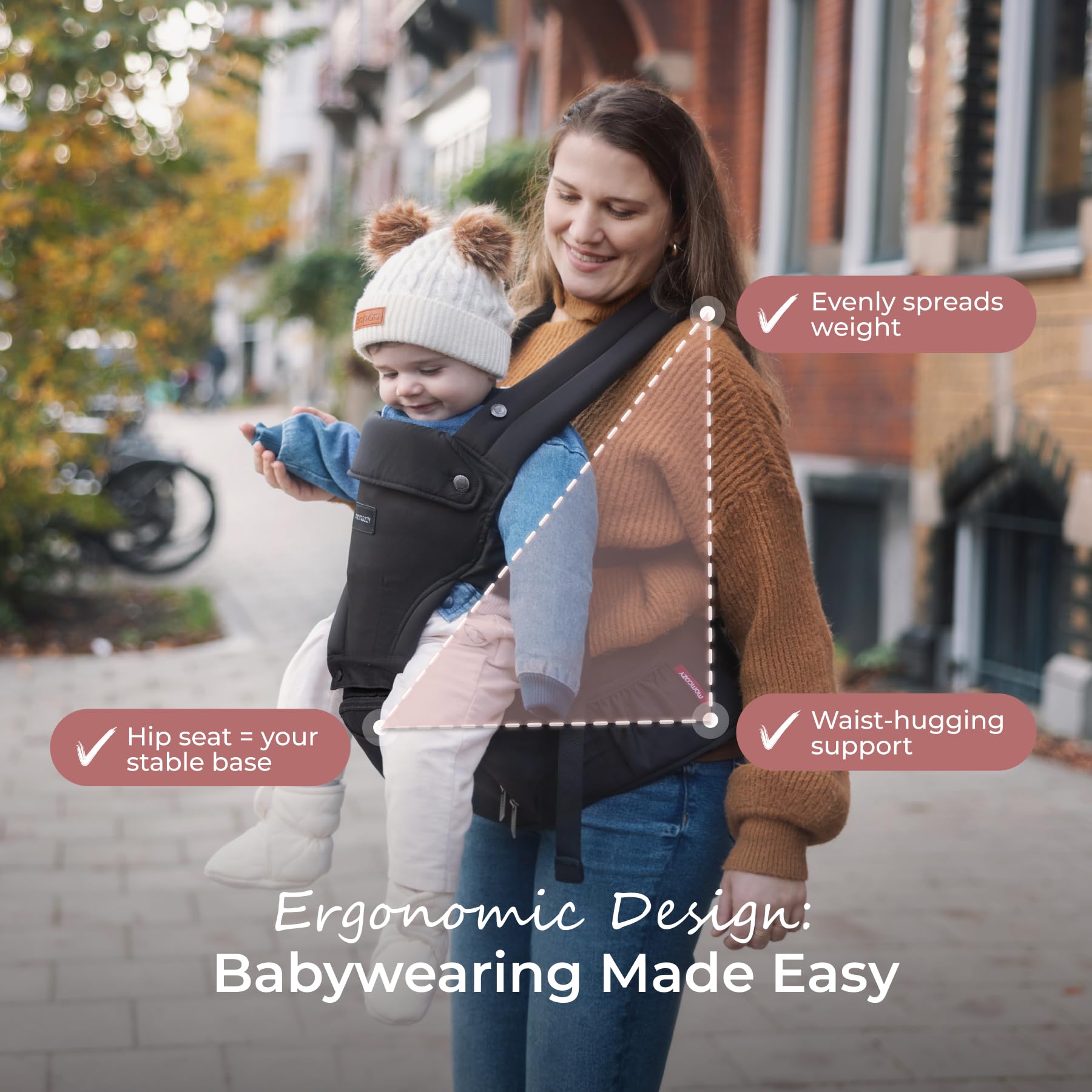 Momcozy Baby Carrier with Hip Seat, 2-in-1 Forward-Facing Carry for Long Walks, Detachable Hands-Free Infant Carrier up to 44lbs, All Seasons Toddler Carrier Fits Waist Sizes up to 45 Inches, Black