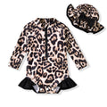 NB Newborn Infant Baby Girls One Piece Long Sleeve Swimsuit Cheetah Leopard Bathing Suit Zip Up Swimwear Beach Wear