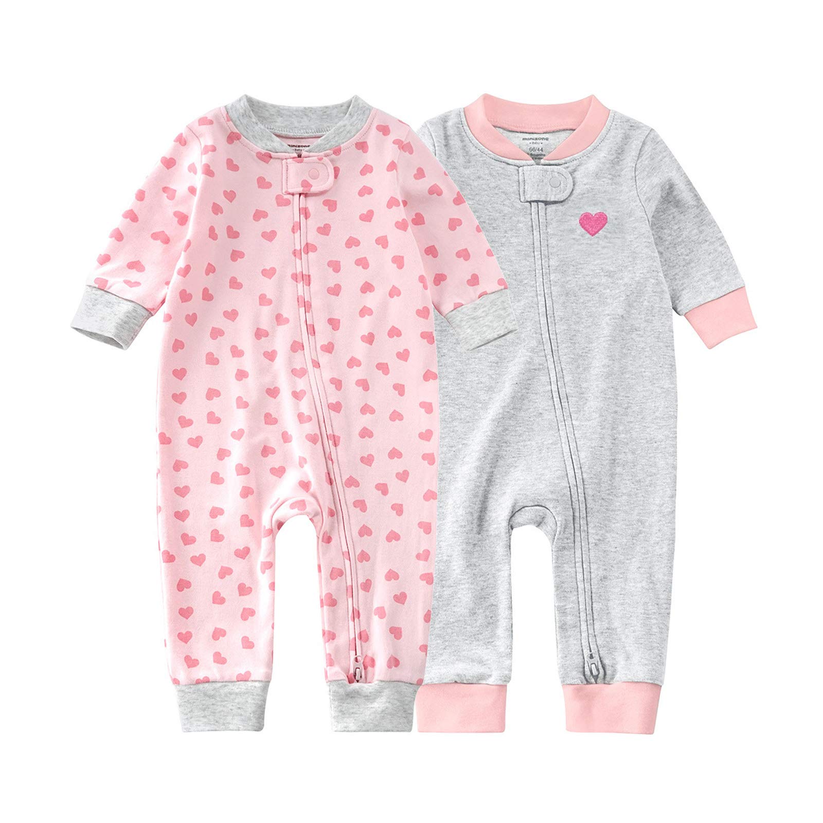 Teach Leanbh Baby 2-Pack Footless Pajamas Cotton Long Sleeve Printing 2 Way Zipper Romper Jumpsuit Sleep and Play 3-24 Months (3-6 Months, Heart)