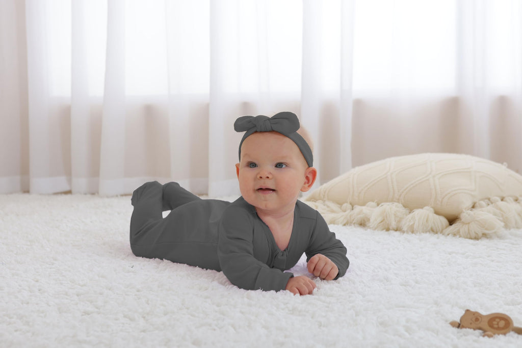 GUISBY Long Sleeve Baby Footed Pajamas with Mittens Cotton Sleepers with Zipper 3-Pack Black+Dark Grey+Light Pink Newborn