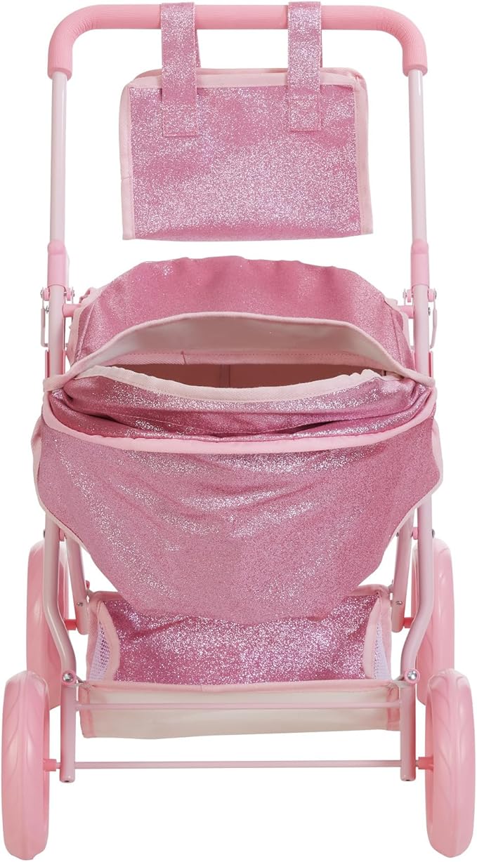 Olivia's Little World Baby Doll Bassinet Pram with Cover with Retractable Canopy & Storage, Hot Pink Glitter