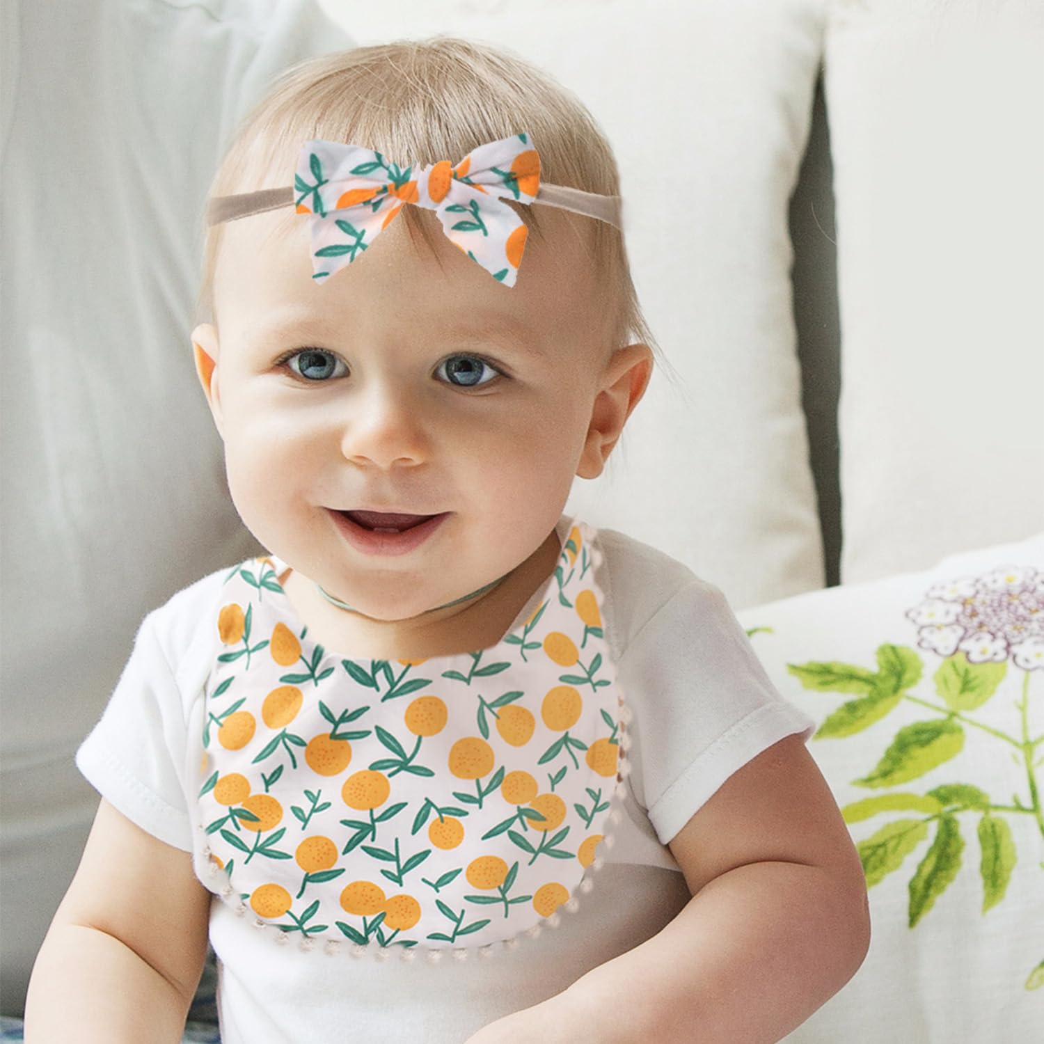 Esumun Baby Girls Reversible Floral Print Bibs Saliva Towel Set, Flounce Edged Burp Cloth and Bow Headband for Newborn Infant Toddlers(SET A)