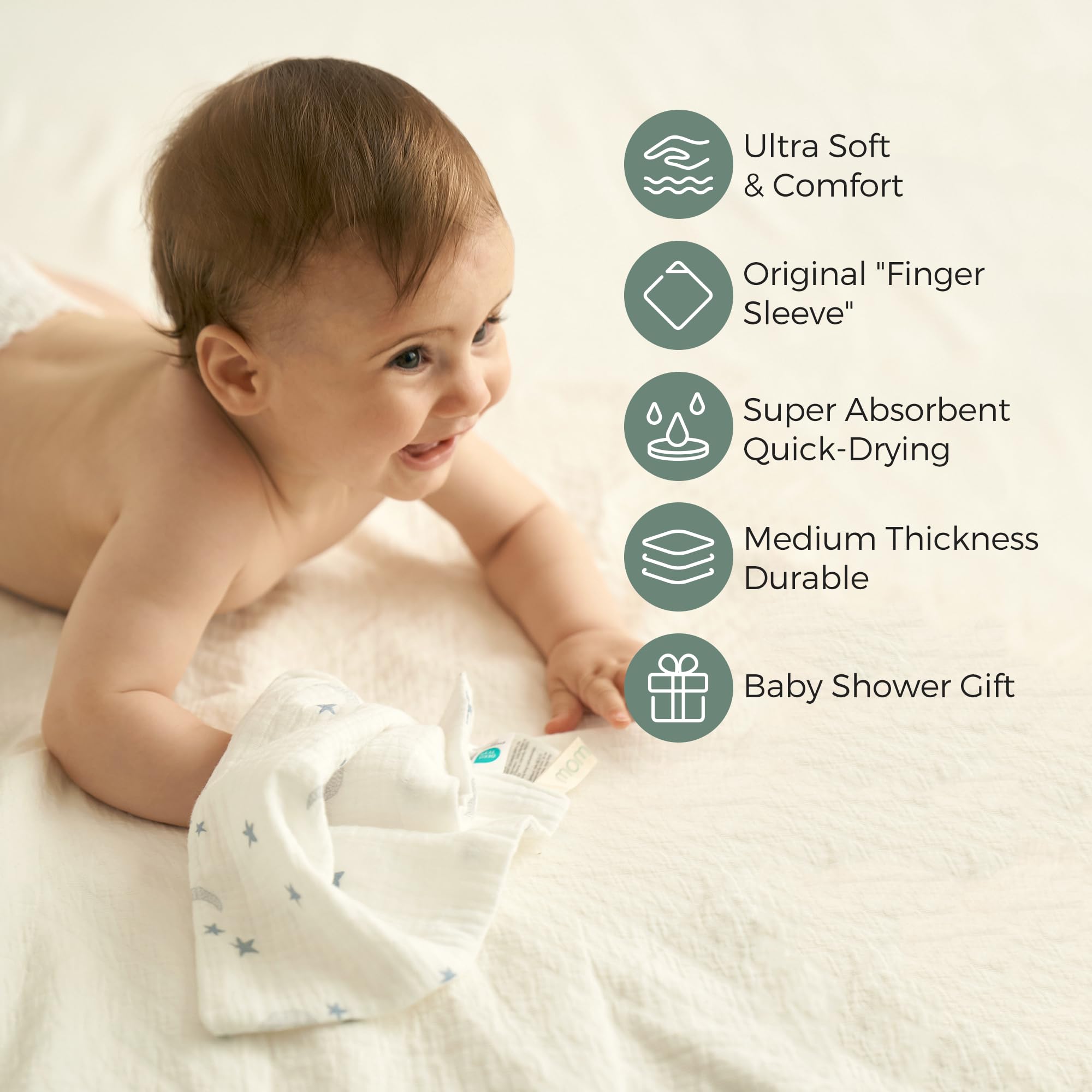 Momcozy Baby Washcloths - 4 Layer Design| Medium Thickness| Soft & Absorbent| Premium Cotton for Newborns' Skin-Great for Bathing, Wiping & on-the-go Use, Shower Gift and Essential(5 Pack, 10x10 inch)