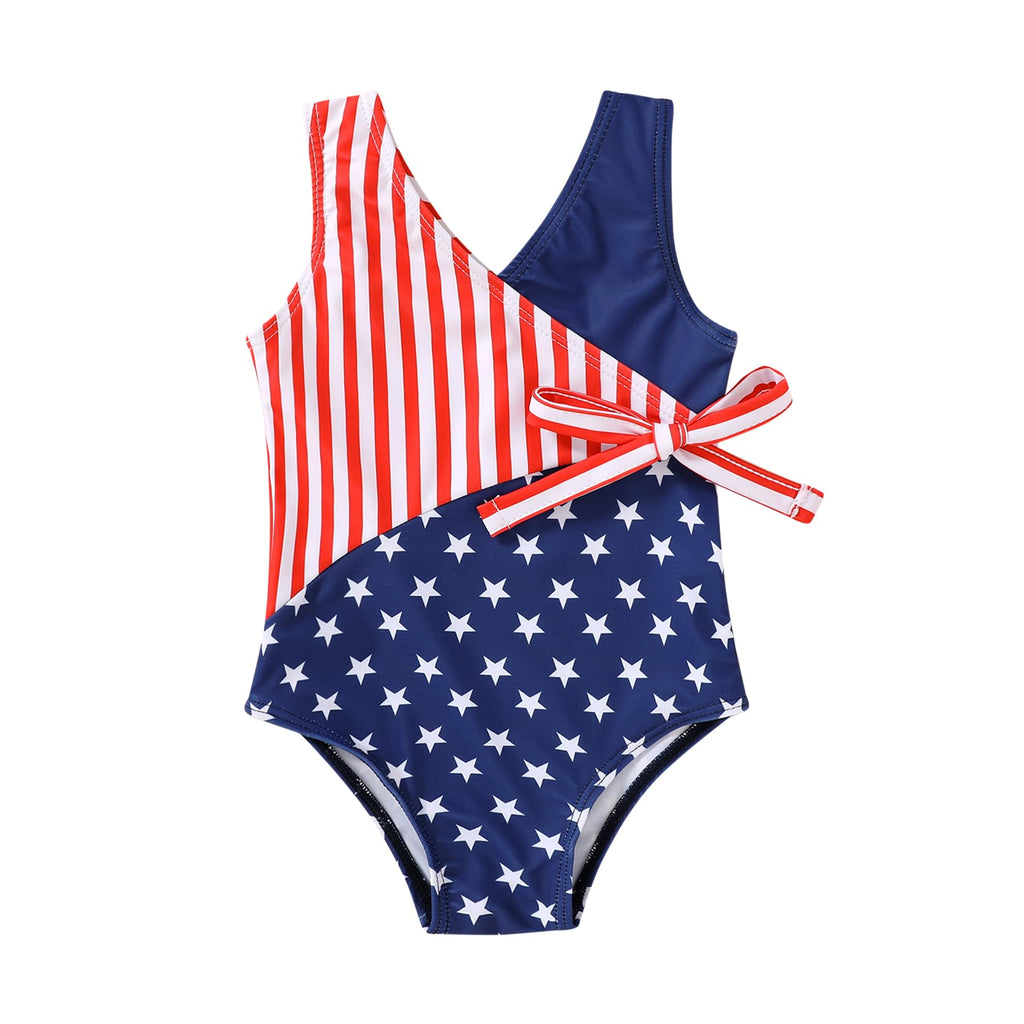 Happy Town Toddler Swimsuit Girl One Piece Bathing Suit Color Block Swimwear Baby Summer Beach Wear(12-18 Months,American Flag)