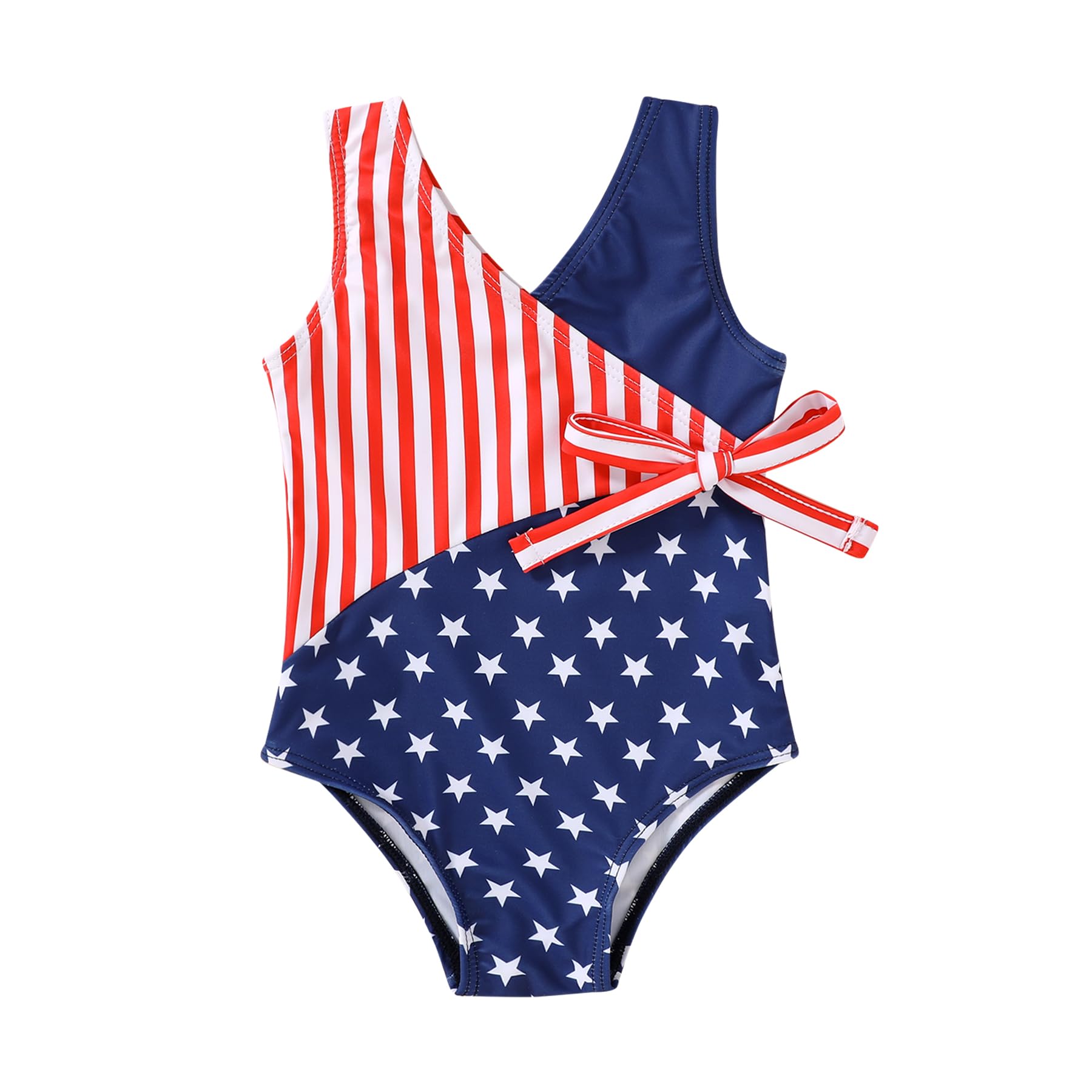 Happy Town Toddler Swimsuit Girl One Piece Bathing Suit Color Block Swimwear Baby Summer Beach Wear(12-18 Months,American Flag)