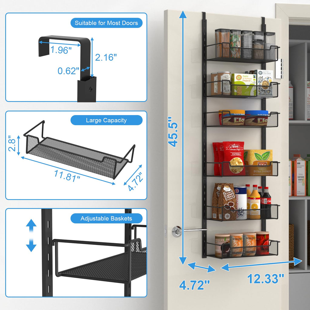 VyGrow 12.3" W Narrow Over the Door Pantry Organizer, 6-Tier Over the Door Organizer with Adjustable Basket, Pantry Door Organization for Pantry Kitchen Storage Room Spice Rack, Black