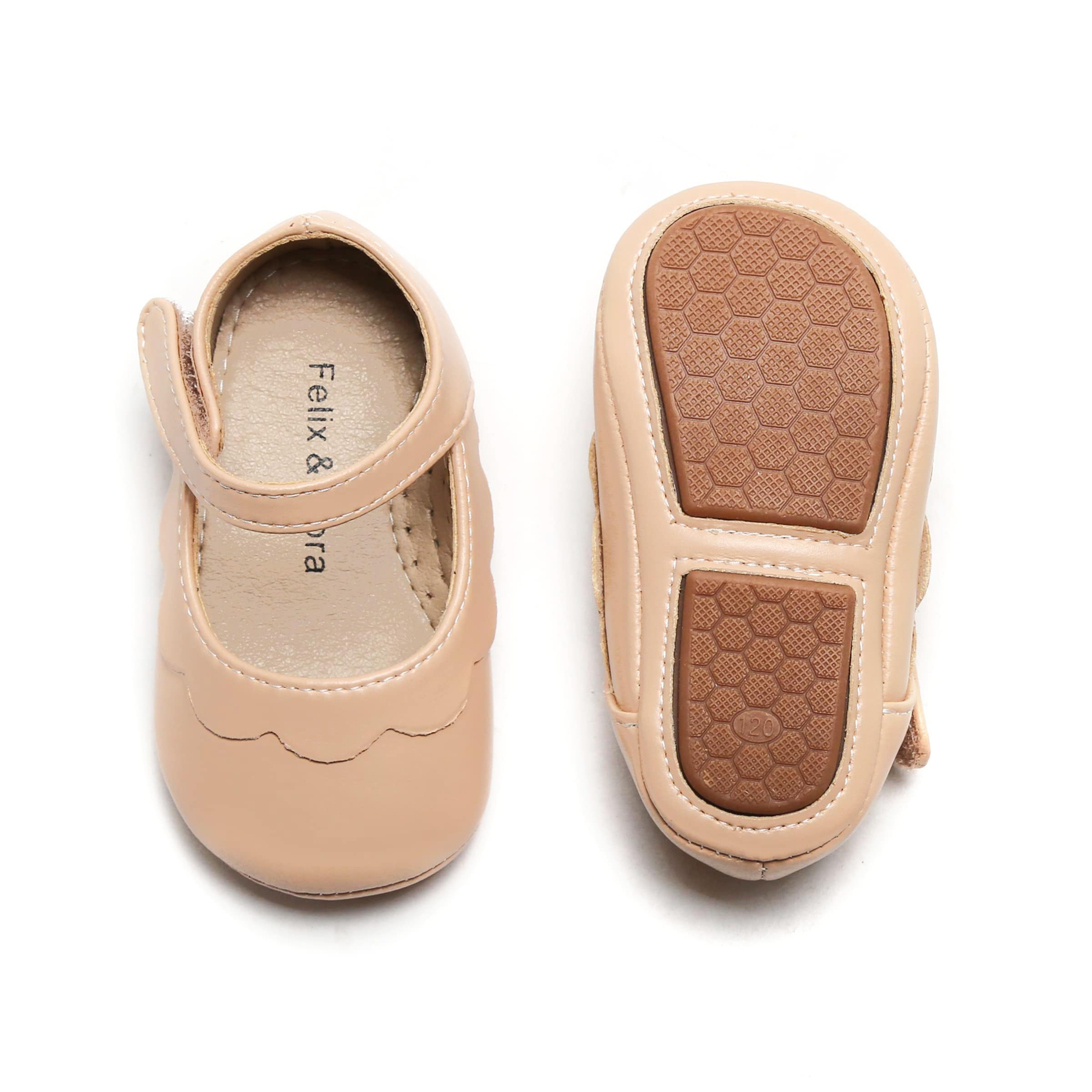 Felix & Flora Soft Sole Leather Nude Baby Shoes - Infant Baby Walking Shoes Moccasinss Rubber Sole Crib Shoes(Nude,12-18Months)
