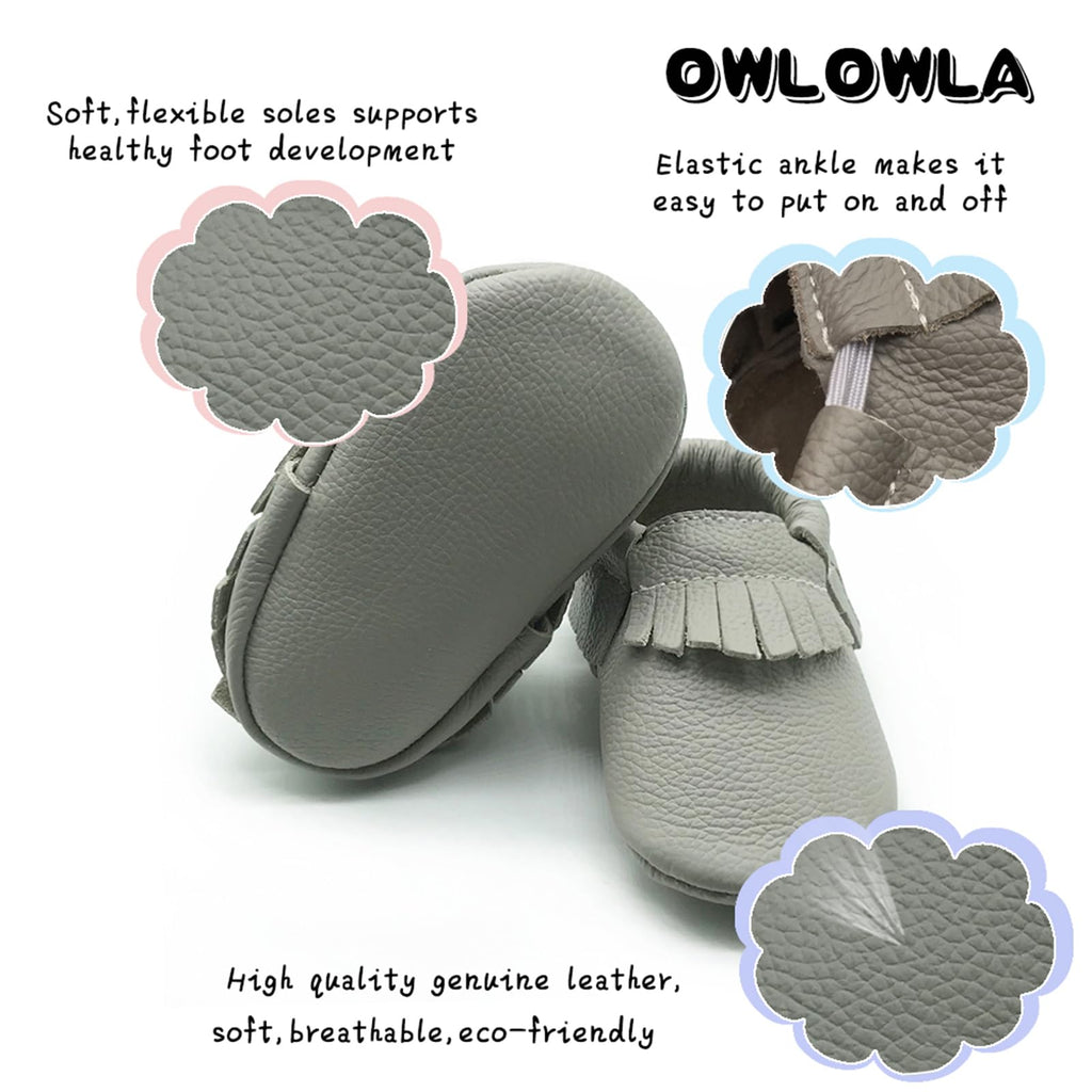 OWLOWLA Leather Baby Moccasins Soft Sole Baby Shoes Boys Girls 0-6months