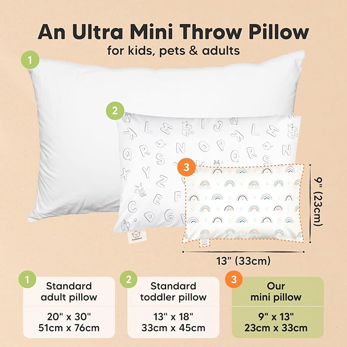 Mini Toddler Pillow with Pillowcase - 9x13 My Little Dreamy Travel Kids Pillow for Sleeping, Toddler Bed, Small, Tiny, Organic Cotton Pillowcase, Soft & Breathable, Kids 2-4 Years Old (Jolly Rainbow)