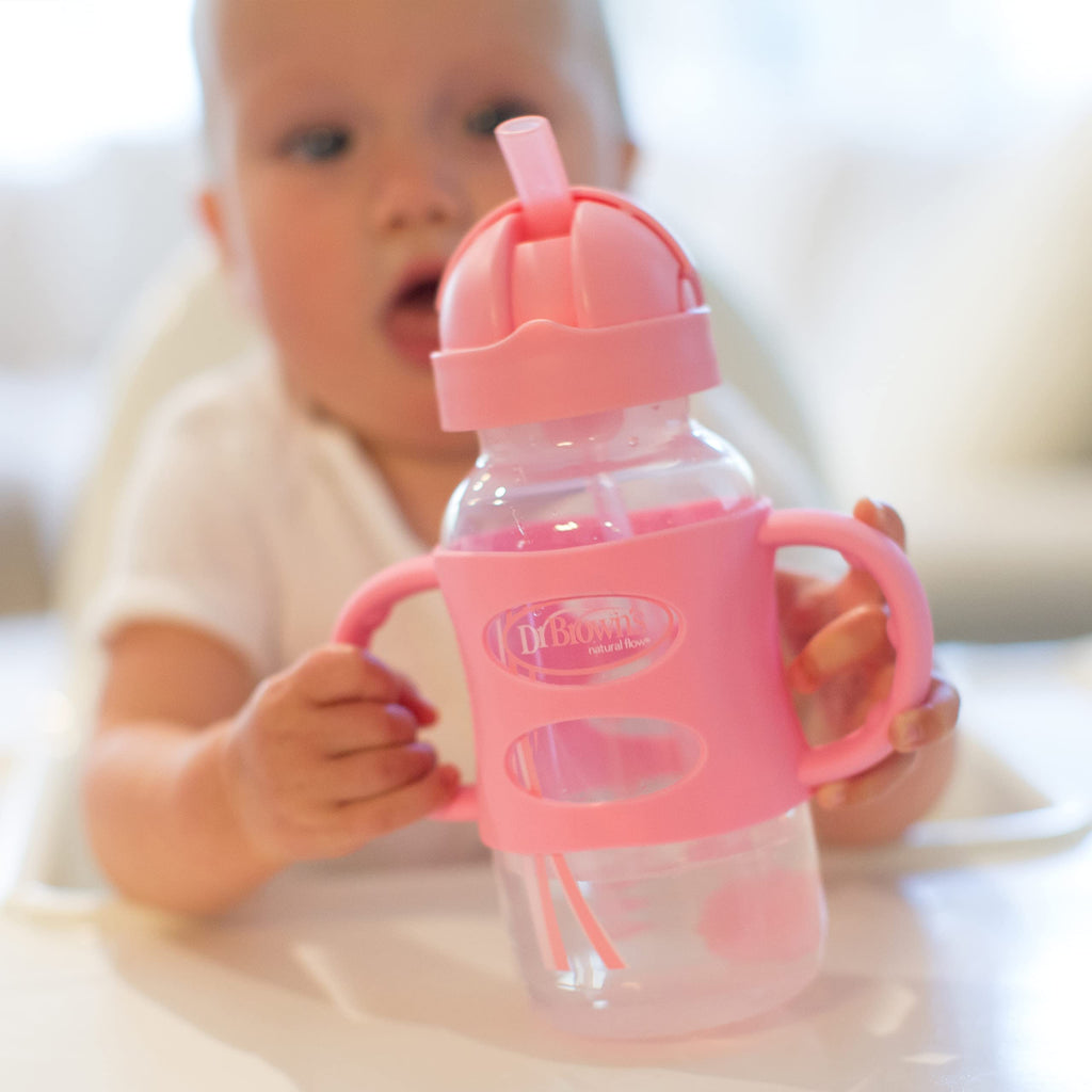Dr. Brown's Wide-Neck Sippy Straw Bottle with Handles, Pink, 9oz/270ml, 1-Pack