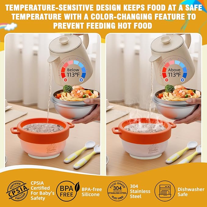 Baby Bowl with Suction, BPA-Free, Premium Food Grade 304 Stainless Steel, Thermo-Color Changing, Foldable Spoon & Fork, Non-Slip Handles for Babies, Toddlers, Kids (Orange)