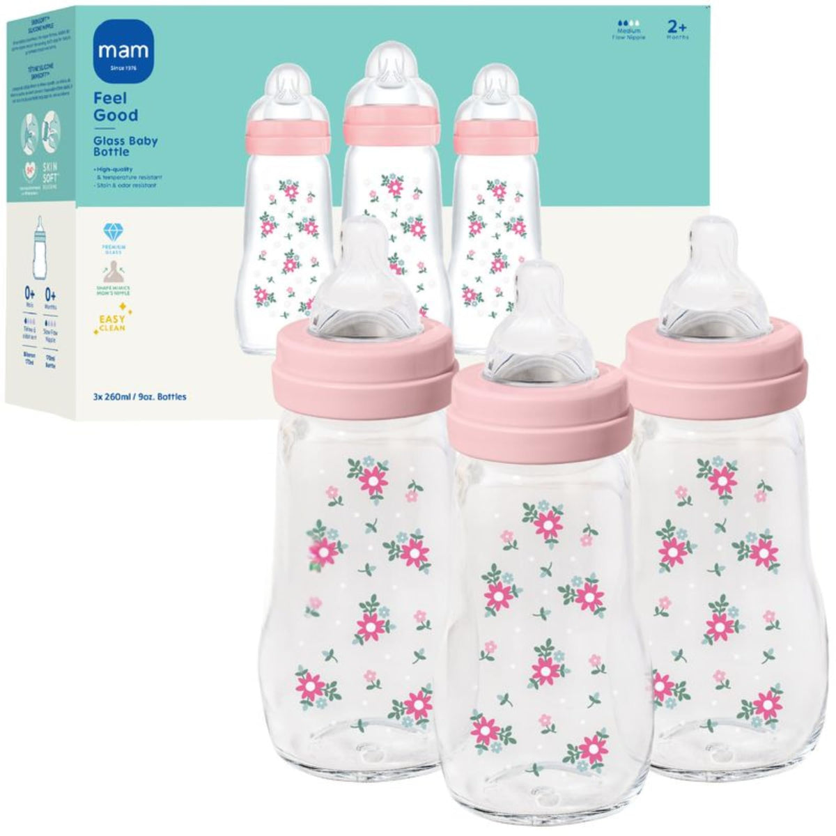 MAM 6oz Pure Glass Feel Good Anti-Colic 0+ Months Baby Bottle, 3 Pack, Girl